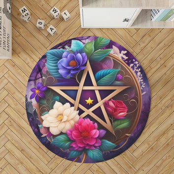 Floral Pentagram Witchy Round Rug Pagan Rug