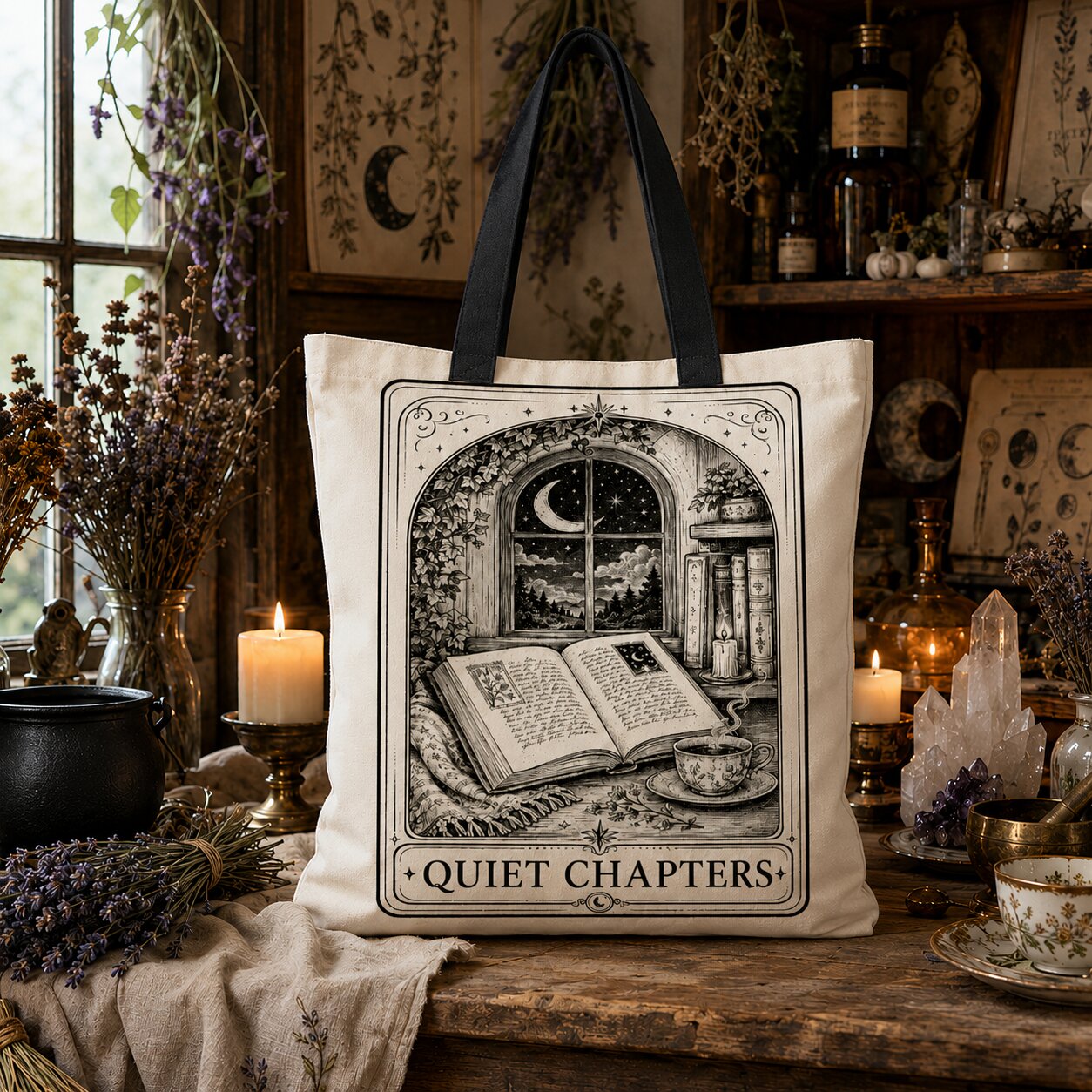 'Quiet Chapters' printed canvas tote bag: an open book placed in front of an arched window with the moon and trees outside.