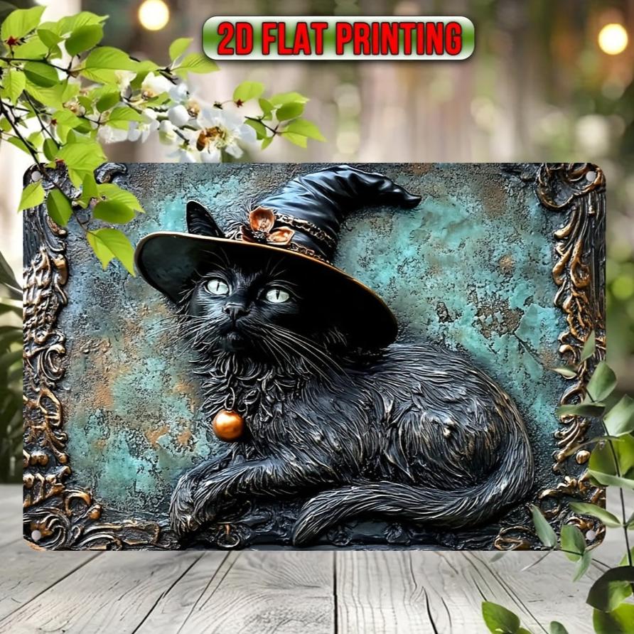 Magician Cat Wall Sign Witchy Black Cat Metal Sign for Halloween Decor-MoonChildWorld