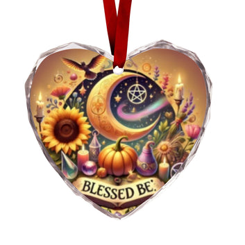 Blessed Yule Pentacle Moon Wicca Heart-Shaped Crystal Glass Ornament