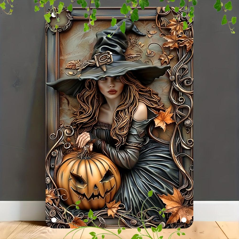 Witch and Pumpkin Halloween Metal Sign Witch Wall Decor-MoonChildWorld