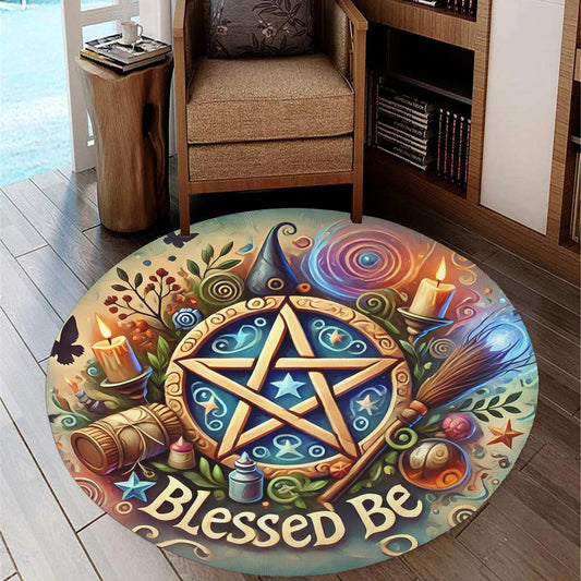 Wicca Pentacle Round Rug Blessed Be Witchy Carpet for Pagan Home Decor