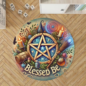Wicca Pentacle Round Rug Blessed Be Witchy Carpet for Pagan Home Decor