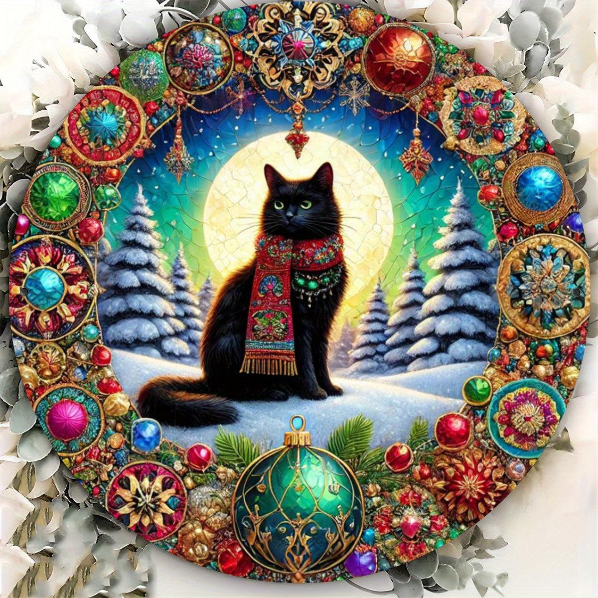 Charming Black Cat Metal Sign for Witchy Christmas Wall Decor-MoonChildWorld