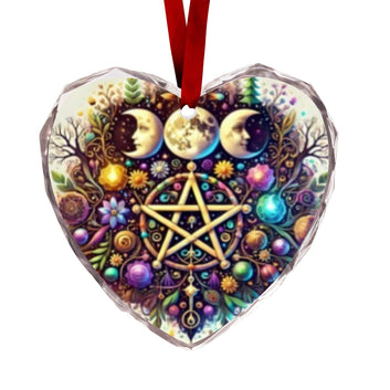 Witchcraft Pentacle Triple Moon Wicca Yule Heart-Shaped Crystal Glass Ornament