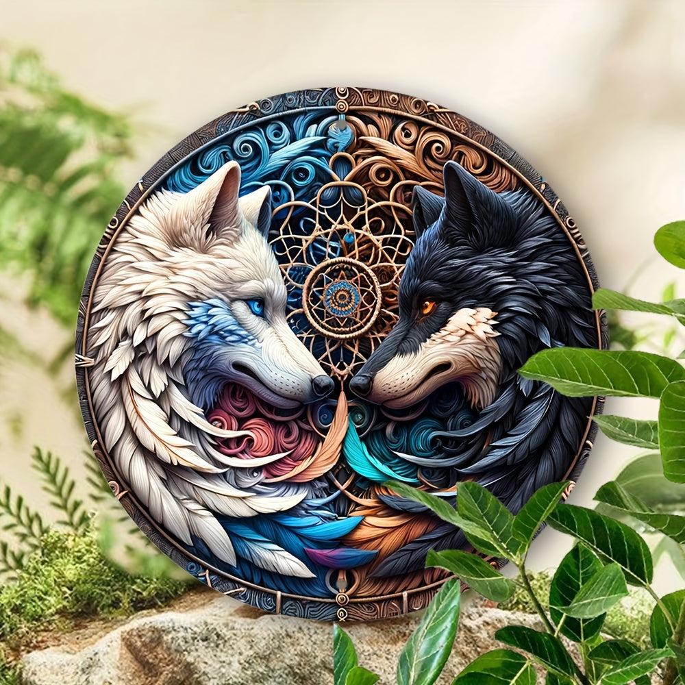 Yin Yang Wolf Metal Sign Black & White Wolves Home Decor-MoonChildWorld