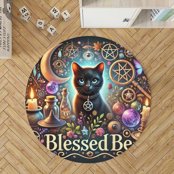 Black Cat Wicca Round Rug Witch Cat Carpet for Witchy Home Decor