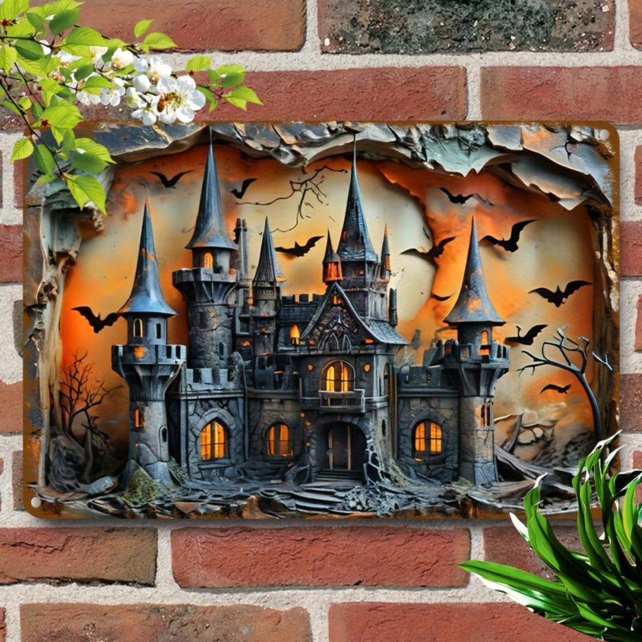 Halloween Decorative Sign Haunted Castle Wall Art Witch Castle Metal Sign-MoonChildWorld