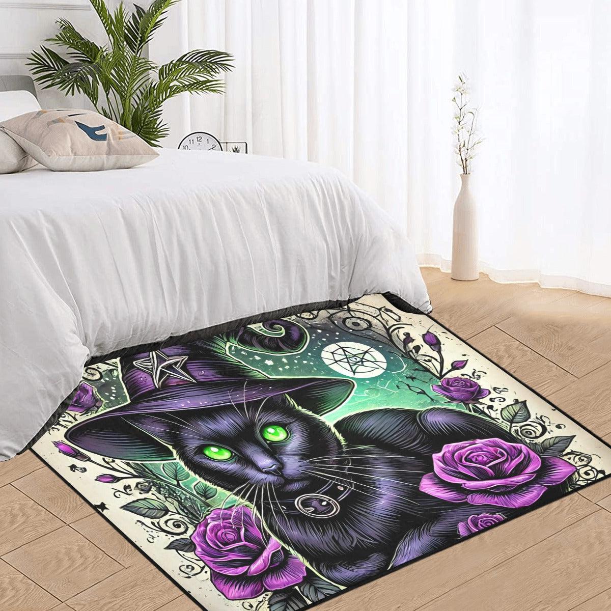 Black Cat Wiccan Area Rug Witchy Cat Witchcraft Carpet-MoonChildWorld