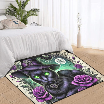 Black Cat Wiccan Area Rug Witchy Cat Witchcraft Carpet