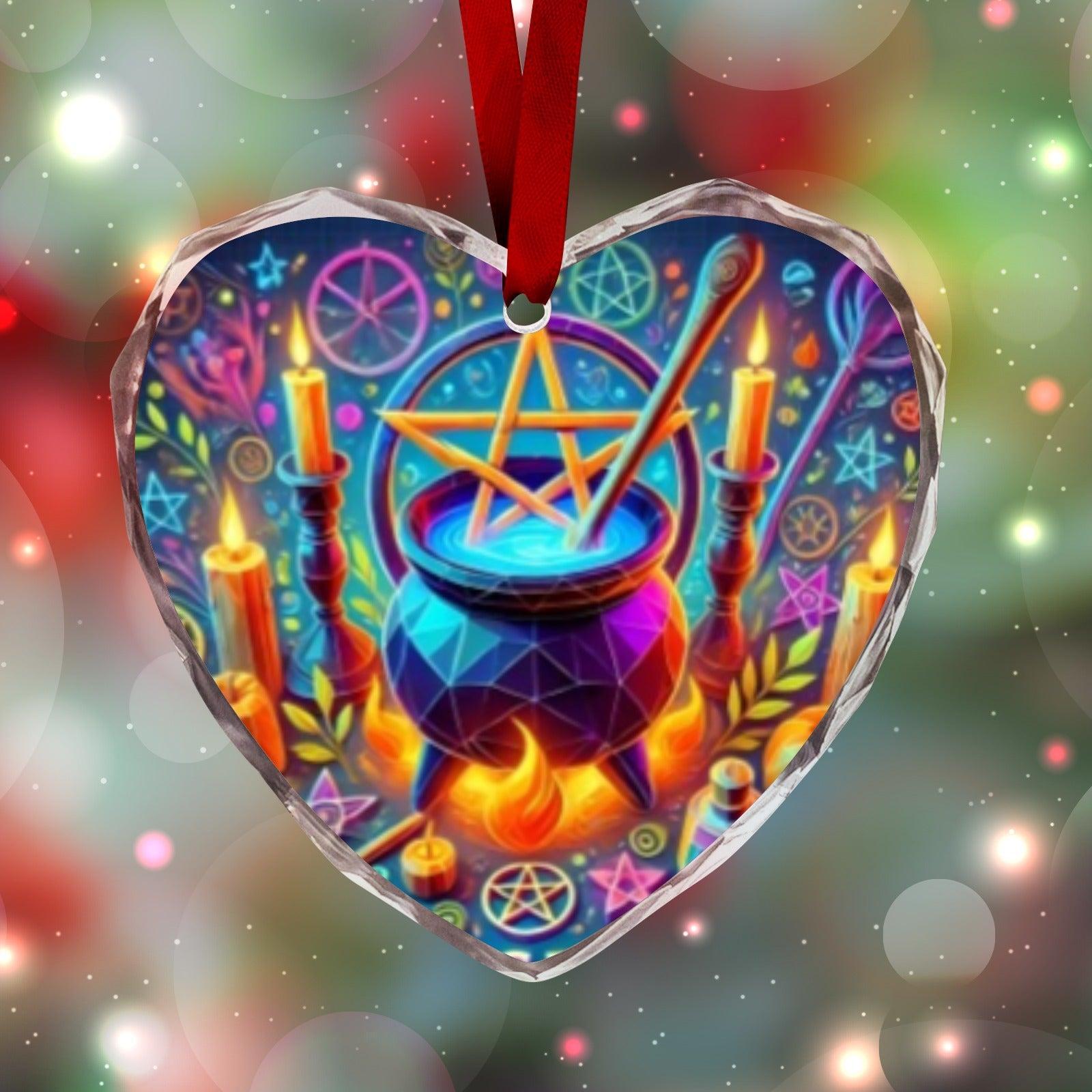 Magick Pentacle Witch Cauldron Wicca Yule Heart-Shaped Crystal Glass Ornament-MoonChildWorld