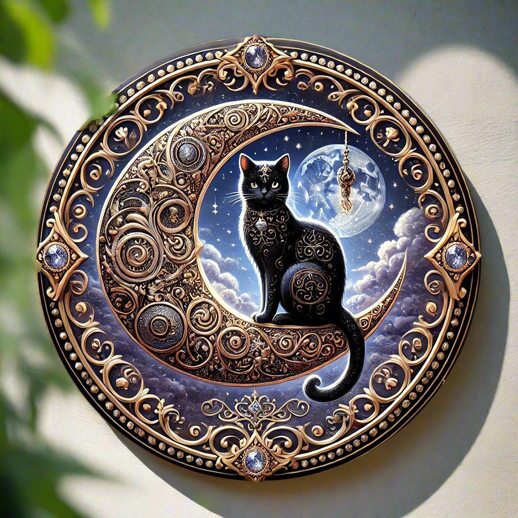 Mysterious Black Cat & Crescent Moon Metal Wall Art-MoonChildWorld