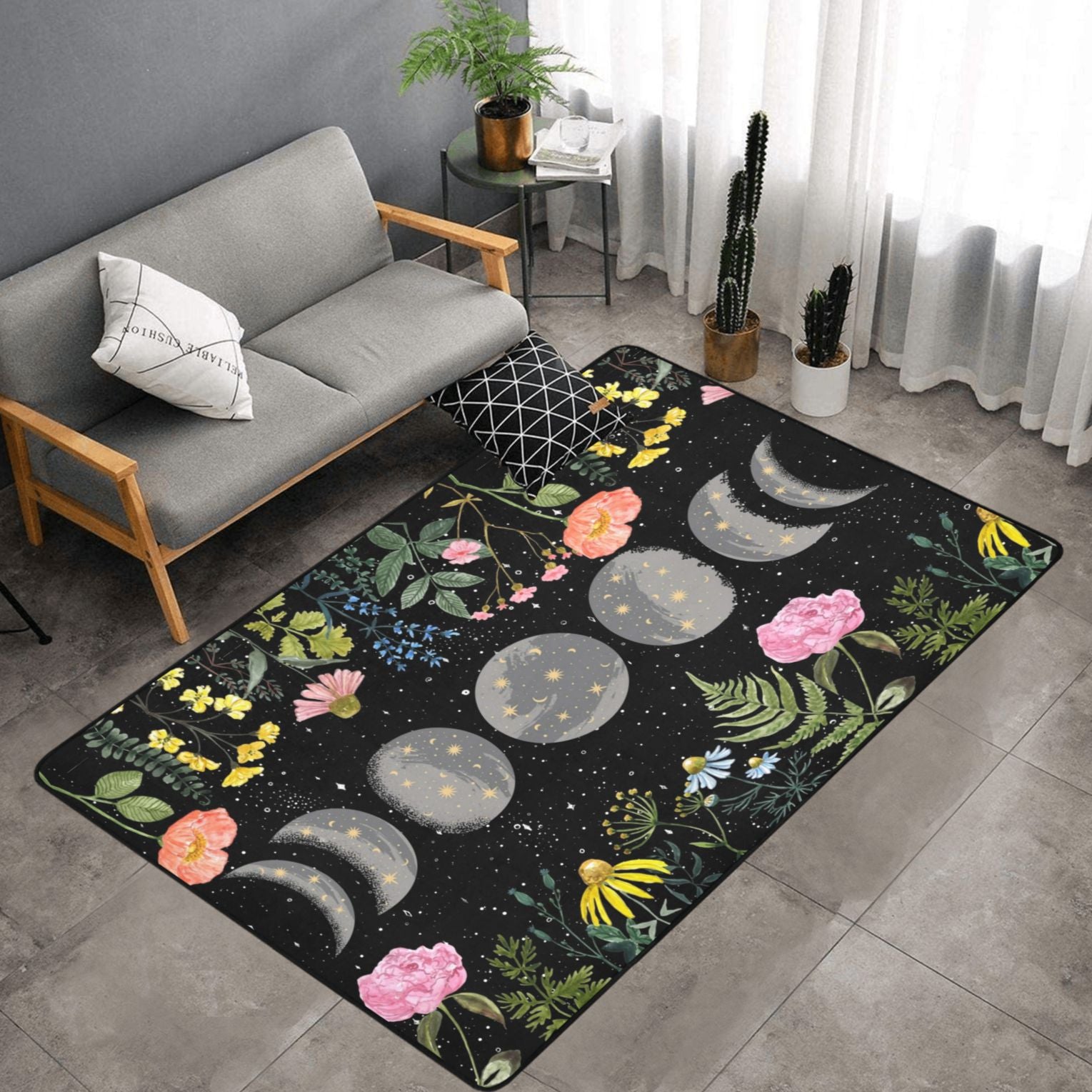 Floral moon phase area rug-MoonChildWorld