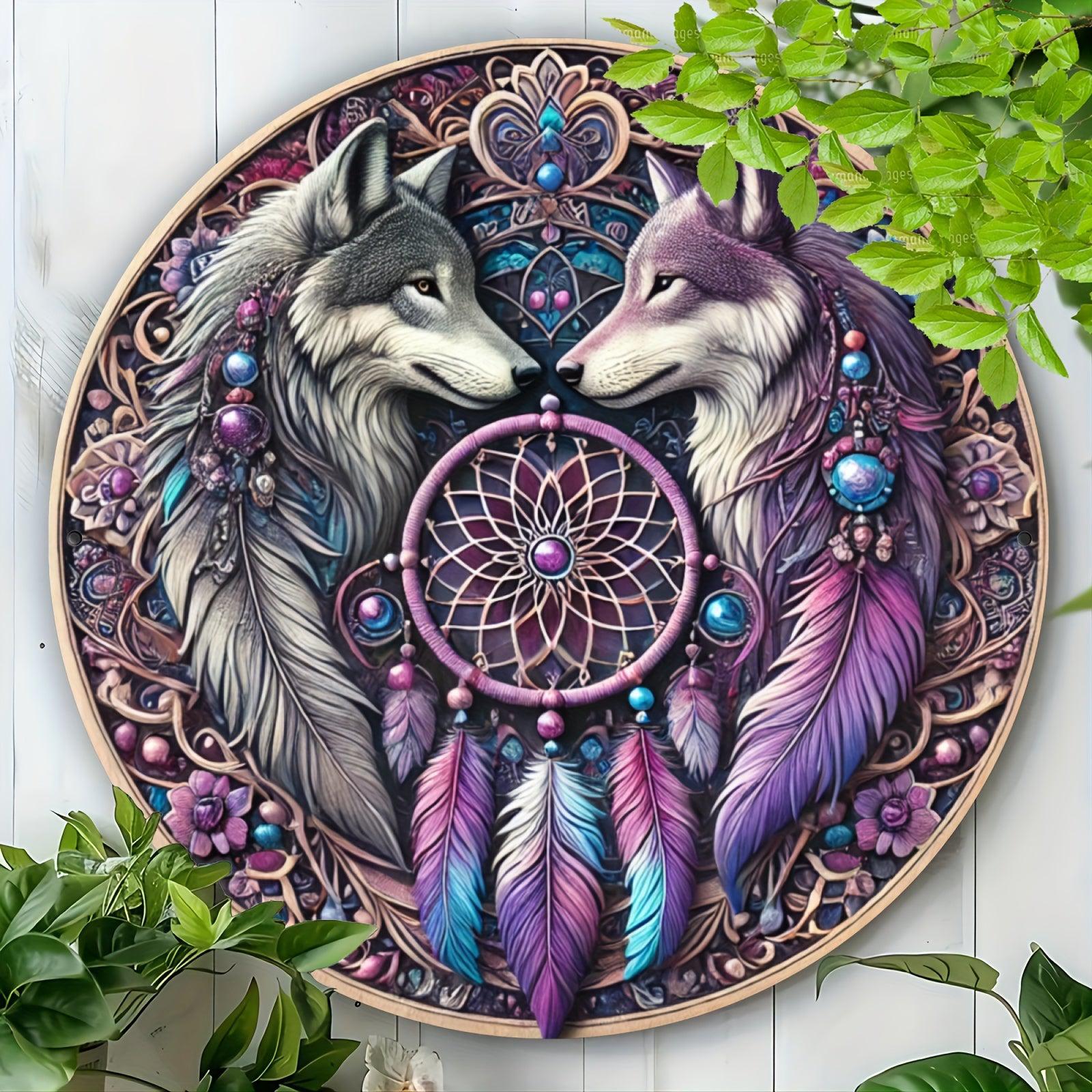 Dreamcatcher Wolves Wall Art Spirit Wolf Metal Sign for Bohemian Decorations-MoonChildWorld