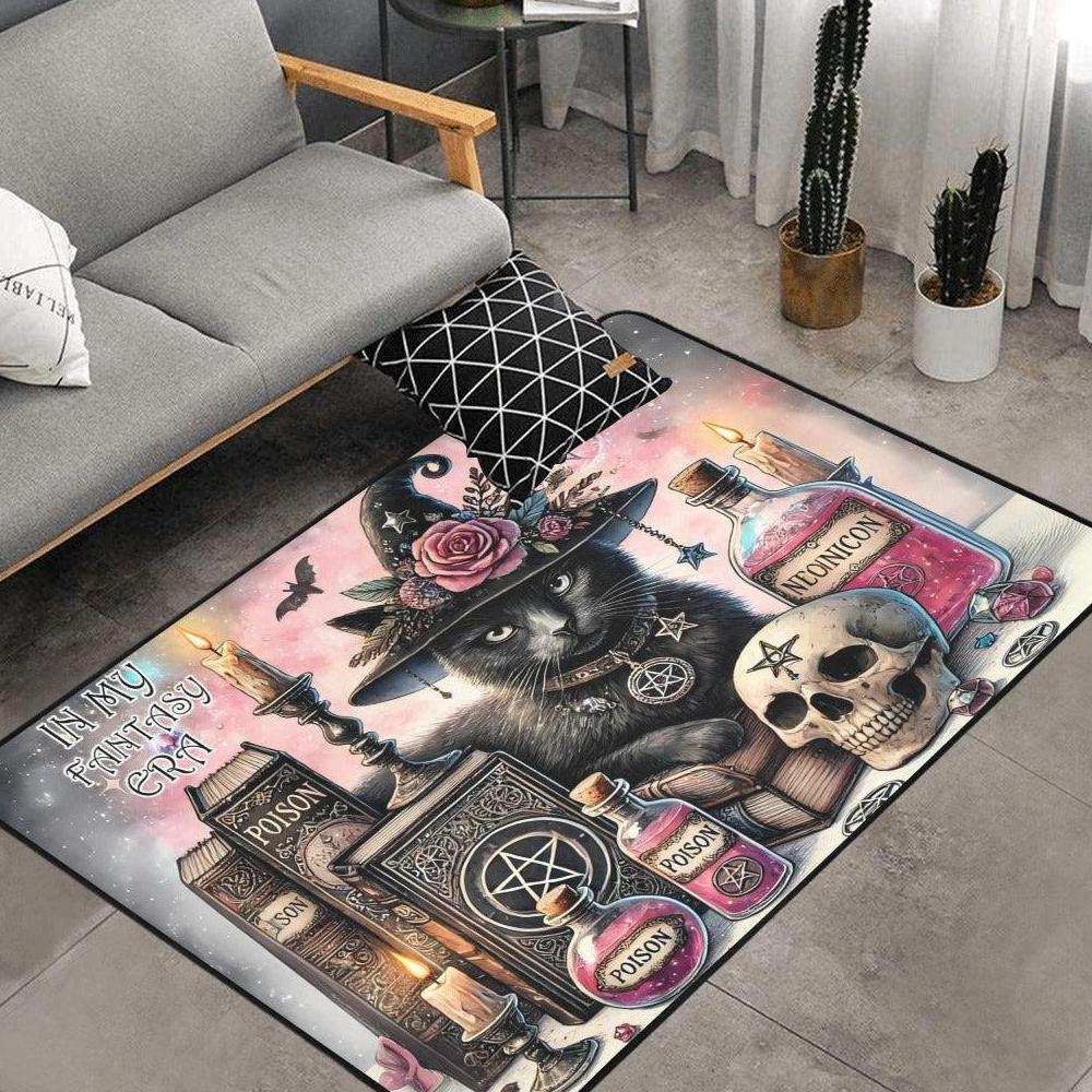 Gothic Black Cat Wiccan Area Rug Witchy Cat Witchcraft Carpet for Halloween-MoonChildWorld