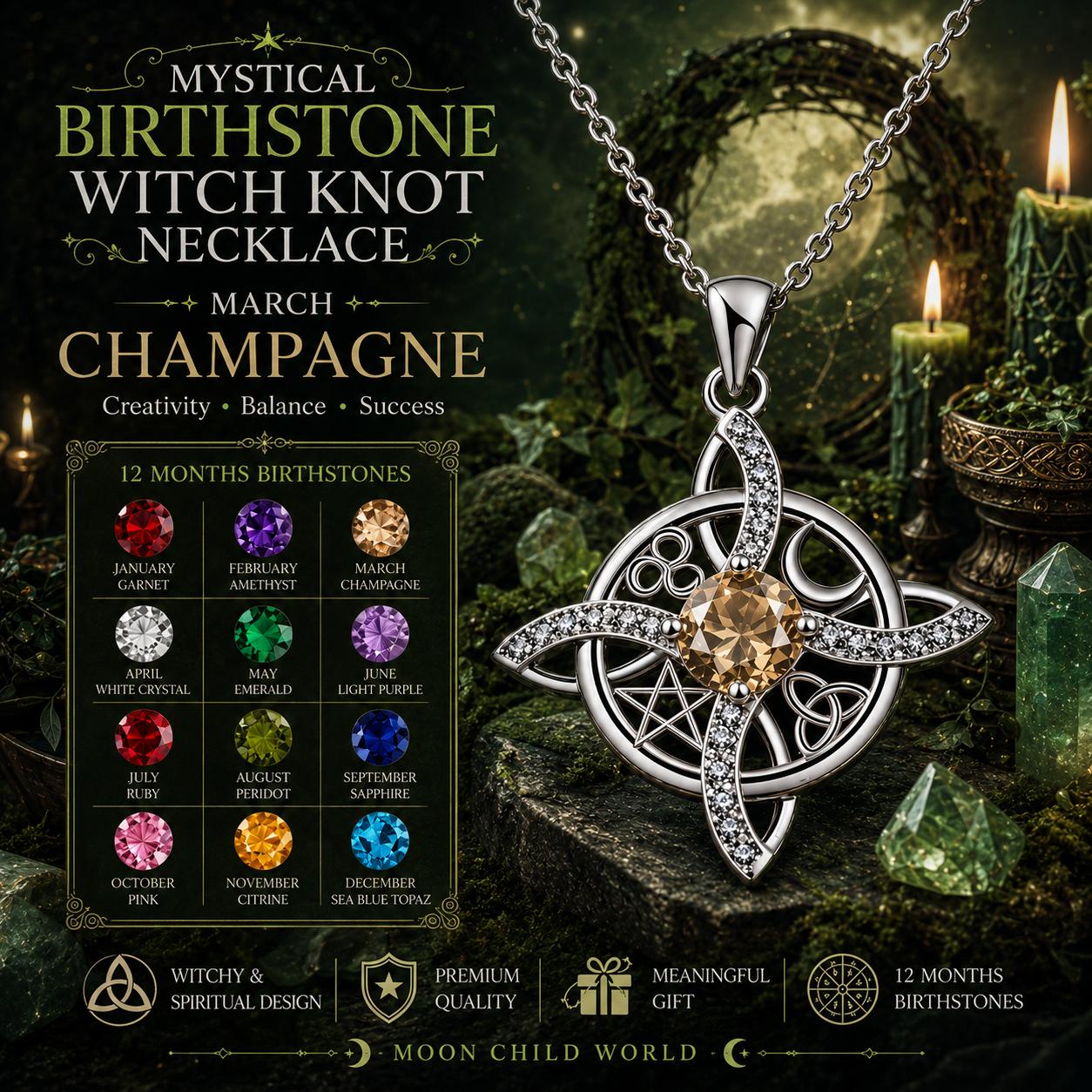 Mystical birthstone witch knot necklace with champagne gem, Celtic design, for March, spiritual jewelry