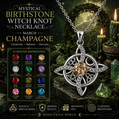 Mystical birthstone witch knot necklace with champagne gem, Celtic design, for March, spiritual jewelry