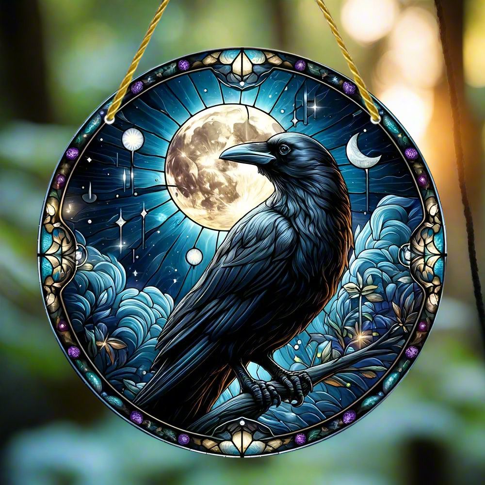 Black Raven Halloween Suncatcher Moon Crow Window Decor Gothic Home Decor-MoonChildWorld