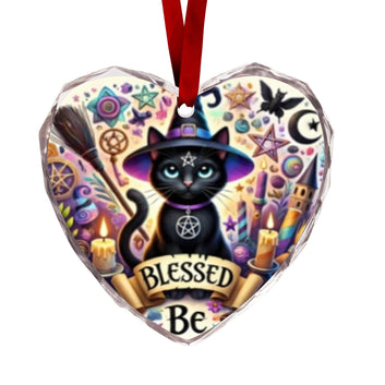 Witchy Black Cat Wicca Yule Heart-Shaped Crystal Glass Ornament
