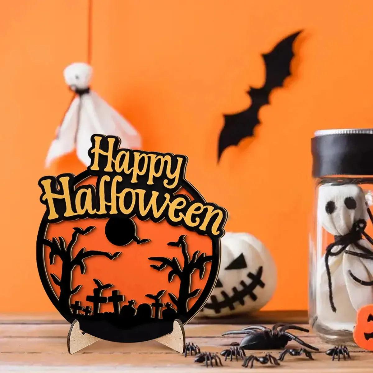 3D Halloween Witch Ornament Wooden Stand - Creepy Cemetery & Bat Scene-MoonChildWorld