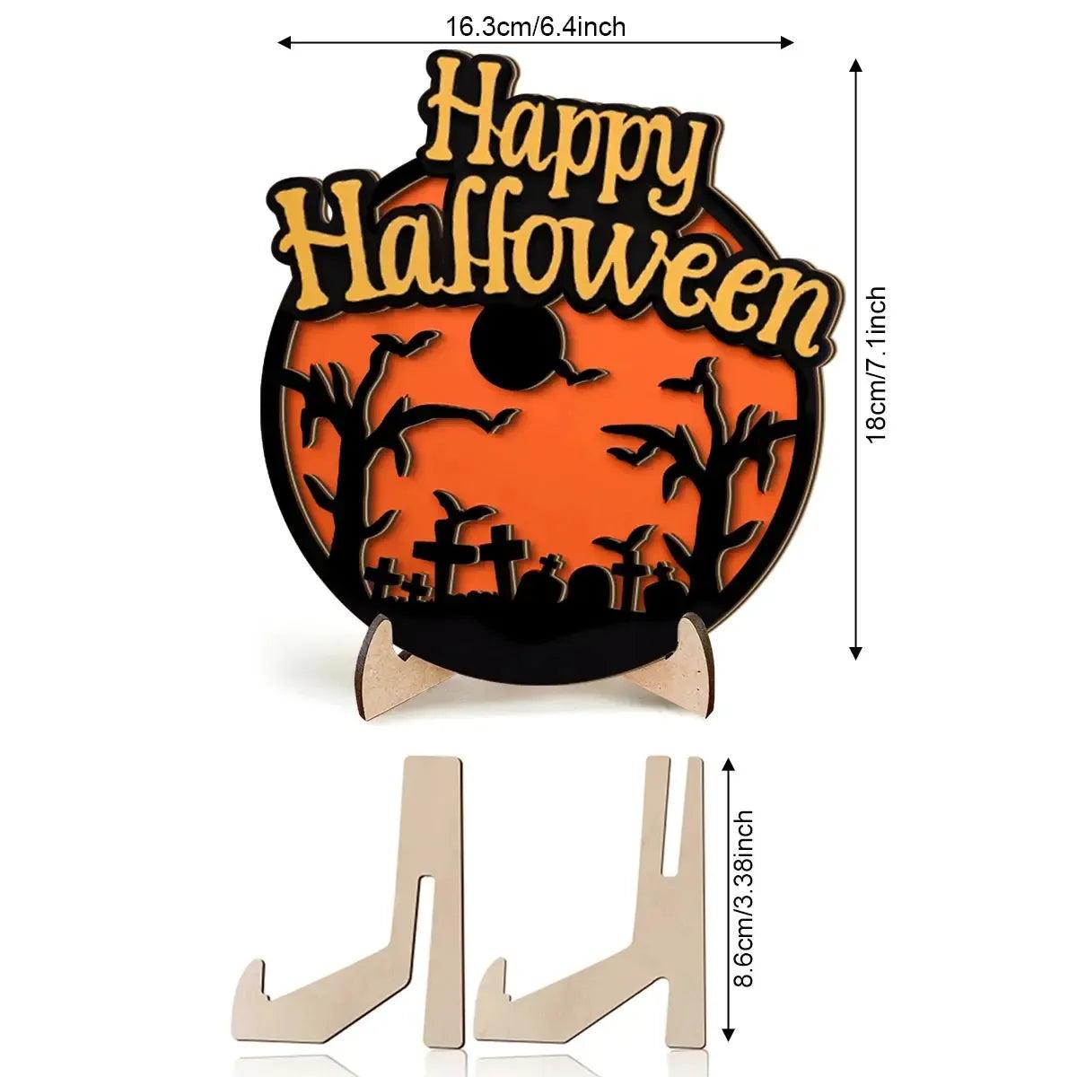 3D Halloween Witch Ornament Wooden Stand - Creepy Cemetery & Bat Scene-MoonChildWorld