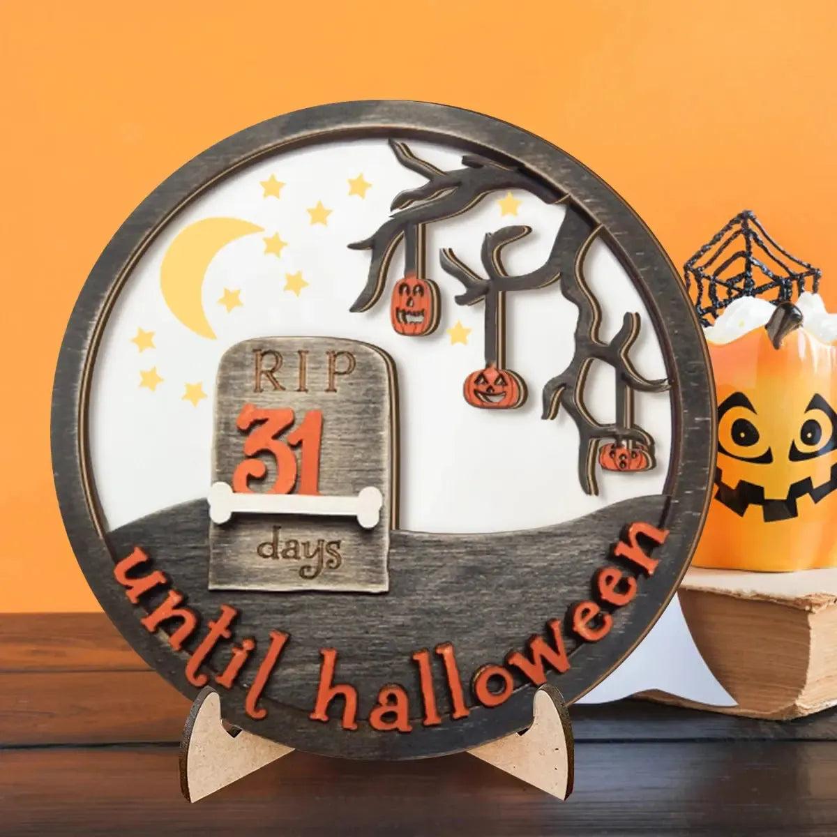3D Halloween Wooden Countdown Ornament - Gothic Grave Design with Pumpkins and Moon-MoonChildWorld