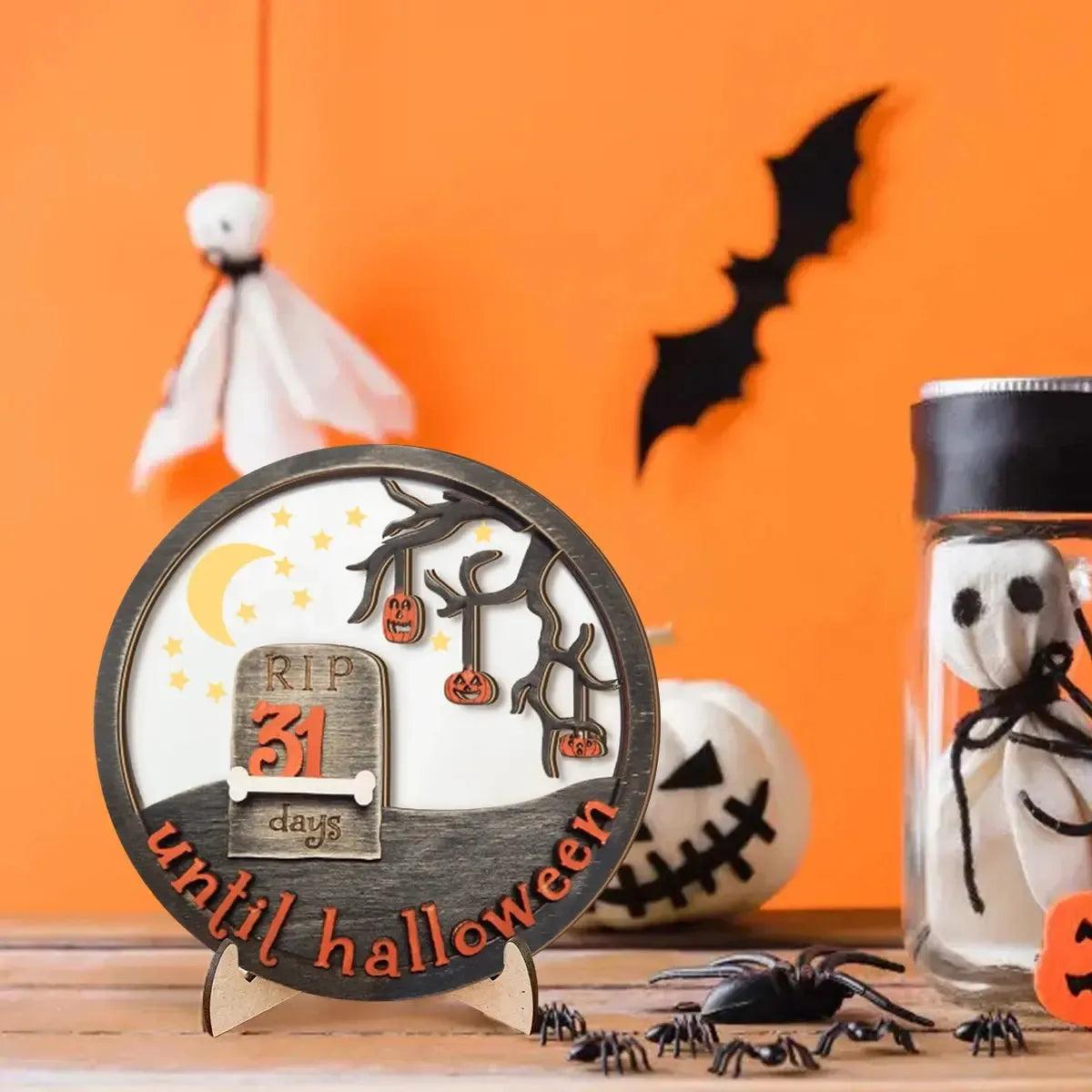 3D Halloween Wooden Countdown Ornament - Gothic Grave Design with Pumpkins and Moon-MoonChildWorld