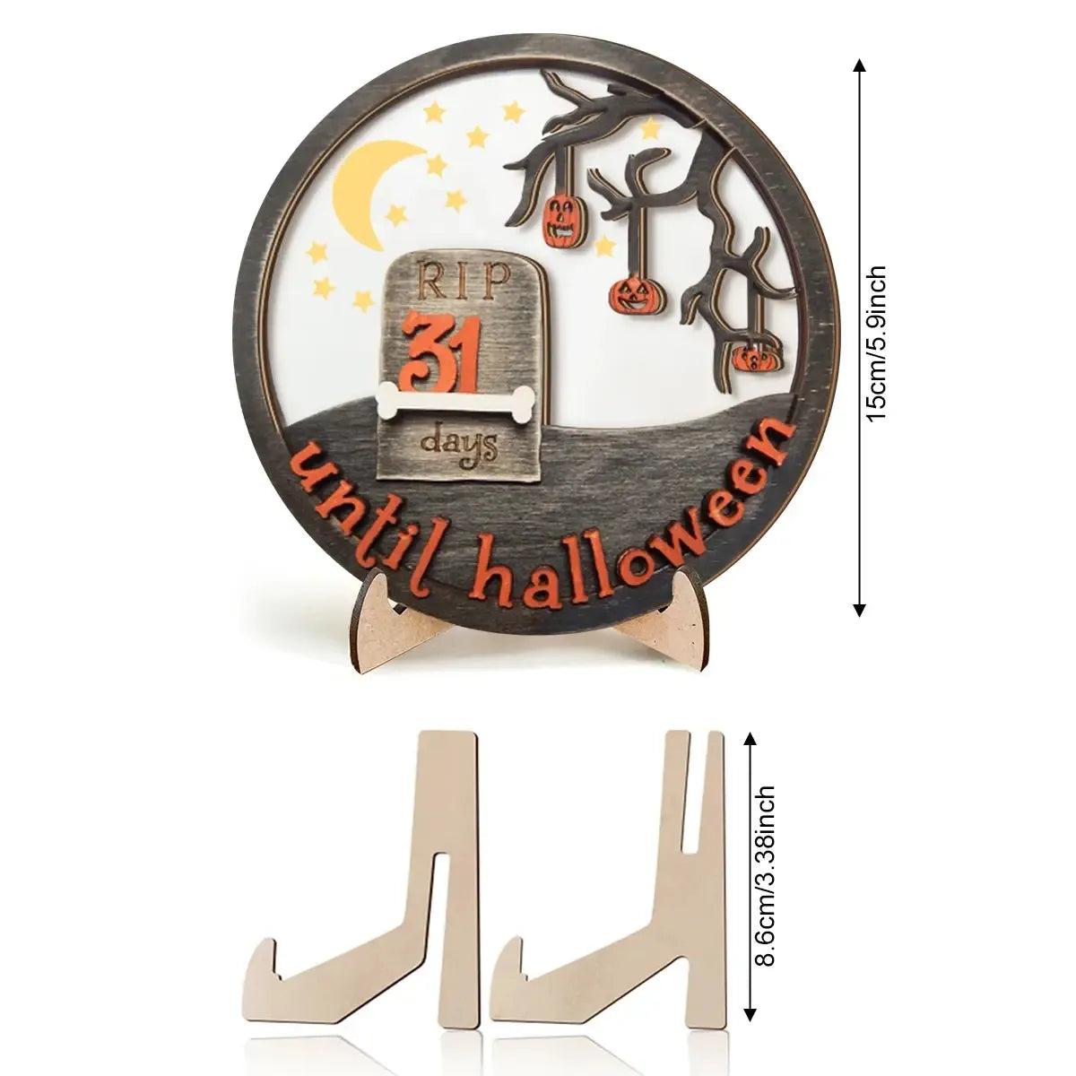 3D Halloween Wooden Countdown Ornament - Gothic Grave Design with Pumpkins and Moon-MoonChildWorld