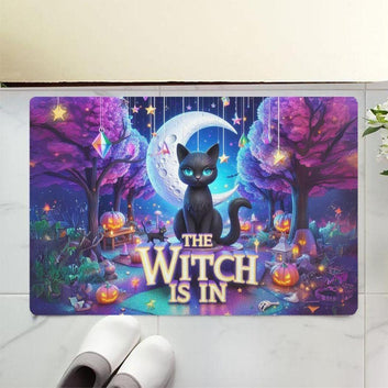 Witchy Black Cat Doormat for Halloween - Magic Moon Cat Doormat