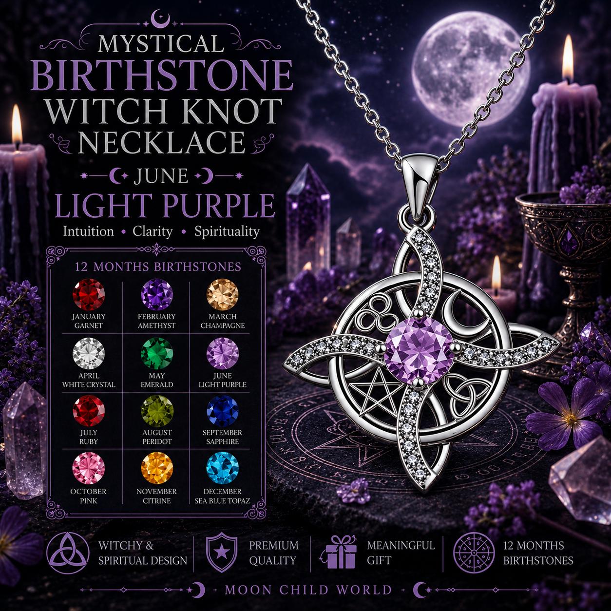 Mystical June birthstone witch knot necklace with light purple gem, pentacle design, and moonlit altar setting