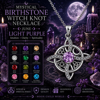 Mystical June birthstone witch knot necklace with light purple gem, pentacle design, and moonlit altar setting