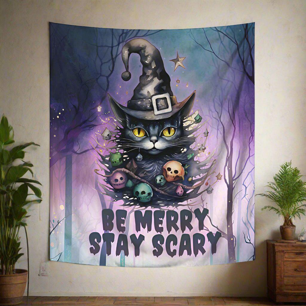 Witchy Cat Tapestry Gothic Cat Wall Hanging for Christmas-MoonChildWorld