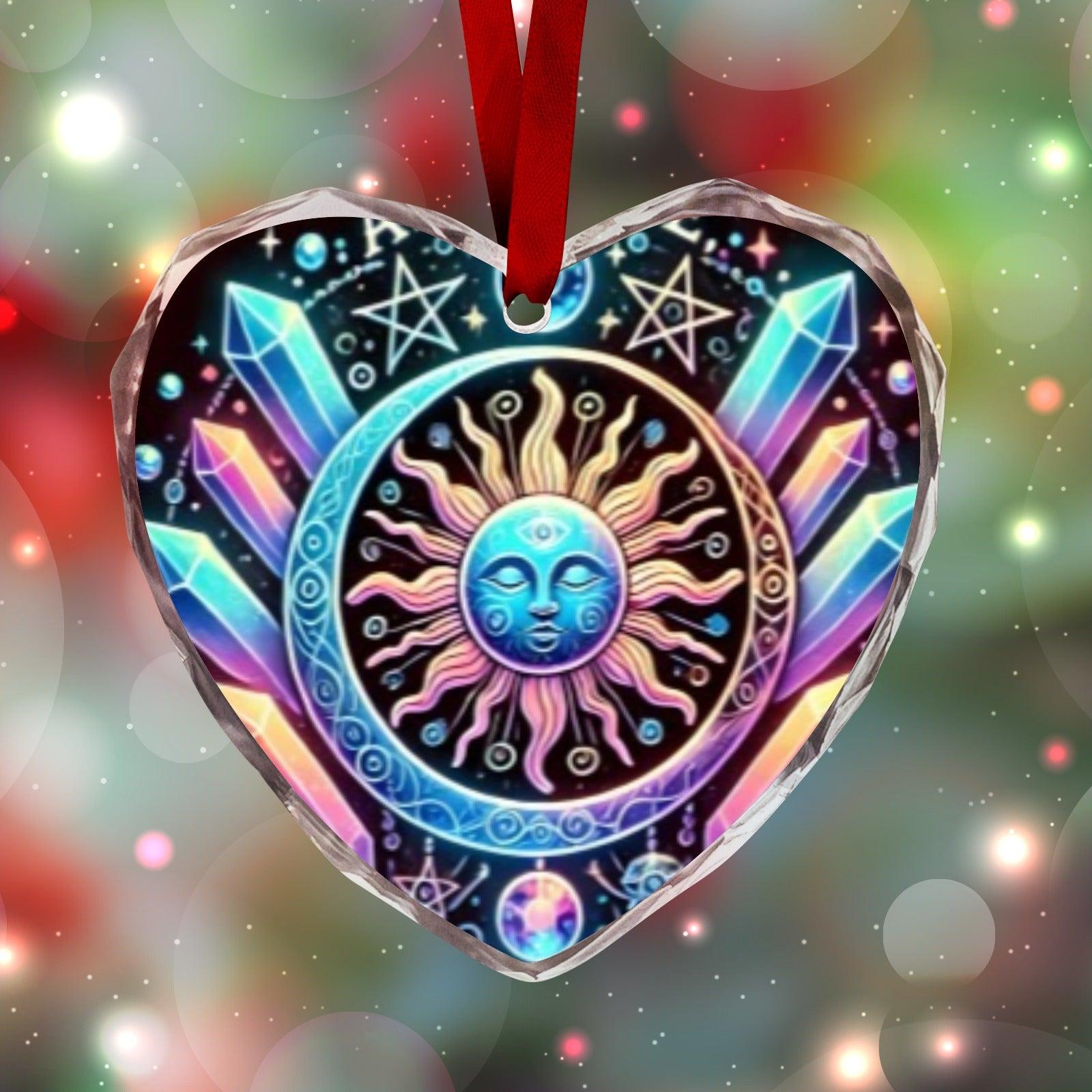 Sun Goddess Pentagram Wicca Christmas Heart-Shaped Crystal Glass Ornament-MoonChildWorld
