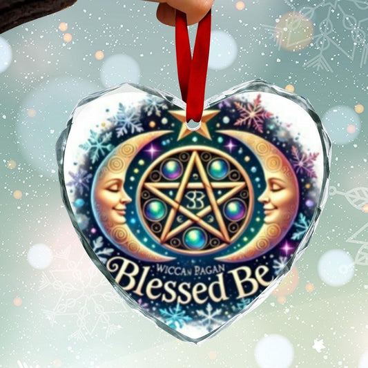 Witchcraft Pentacle Moon Wicca Christmas Heart-Shaped Crystal Glass Ornament