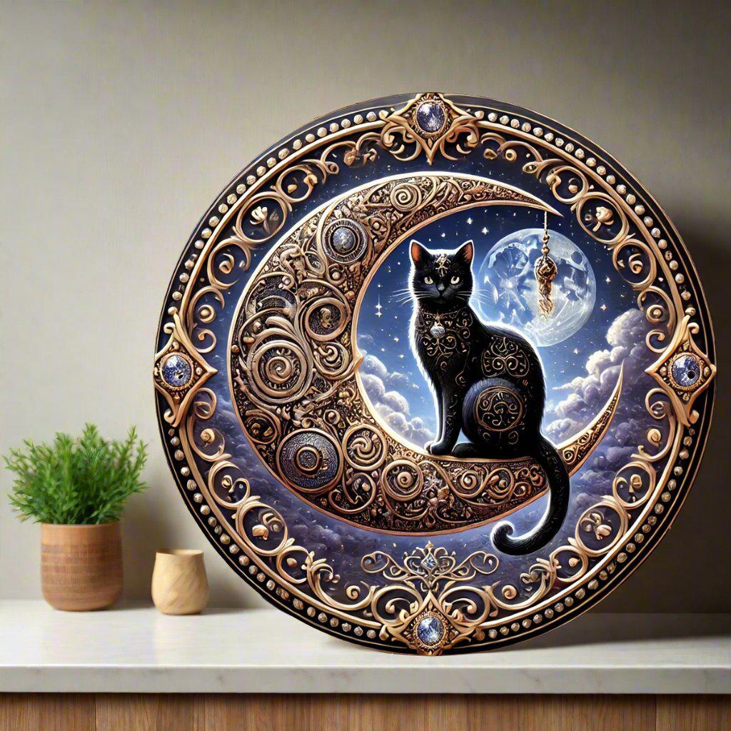 Mysterious Black Cat & Crescent Moon Metal Wall Art-MoonChildWorld