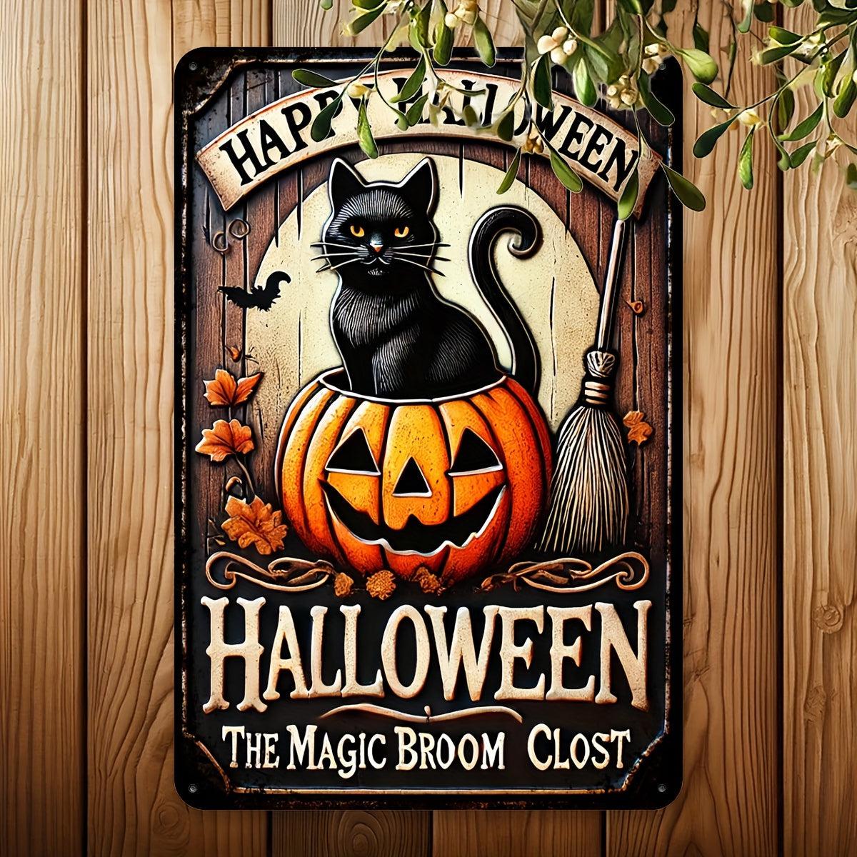 Pumpkin & Black Cat Wall Sign Halloween Welcome Sign-MoonChildWorld