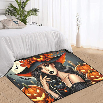 Black Cat and Witch Area Rug Gothic Carpet for Halloween