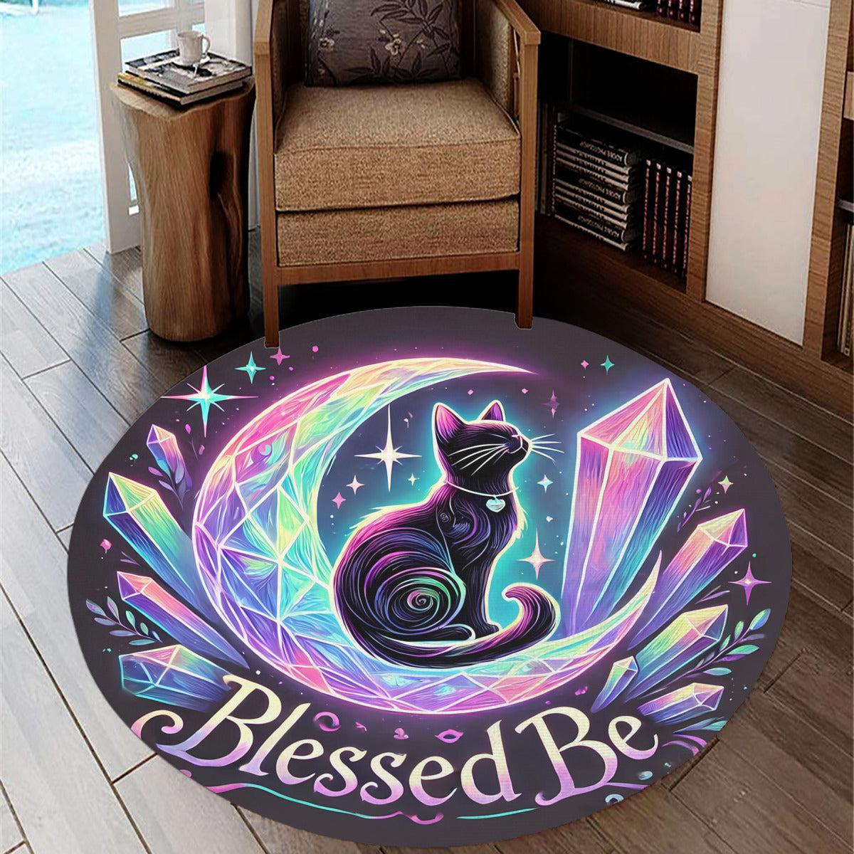 Moon and Black Cat Round Rug Witchy Cat Carpet for Wiccan Home Decor-MoonChildWorld