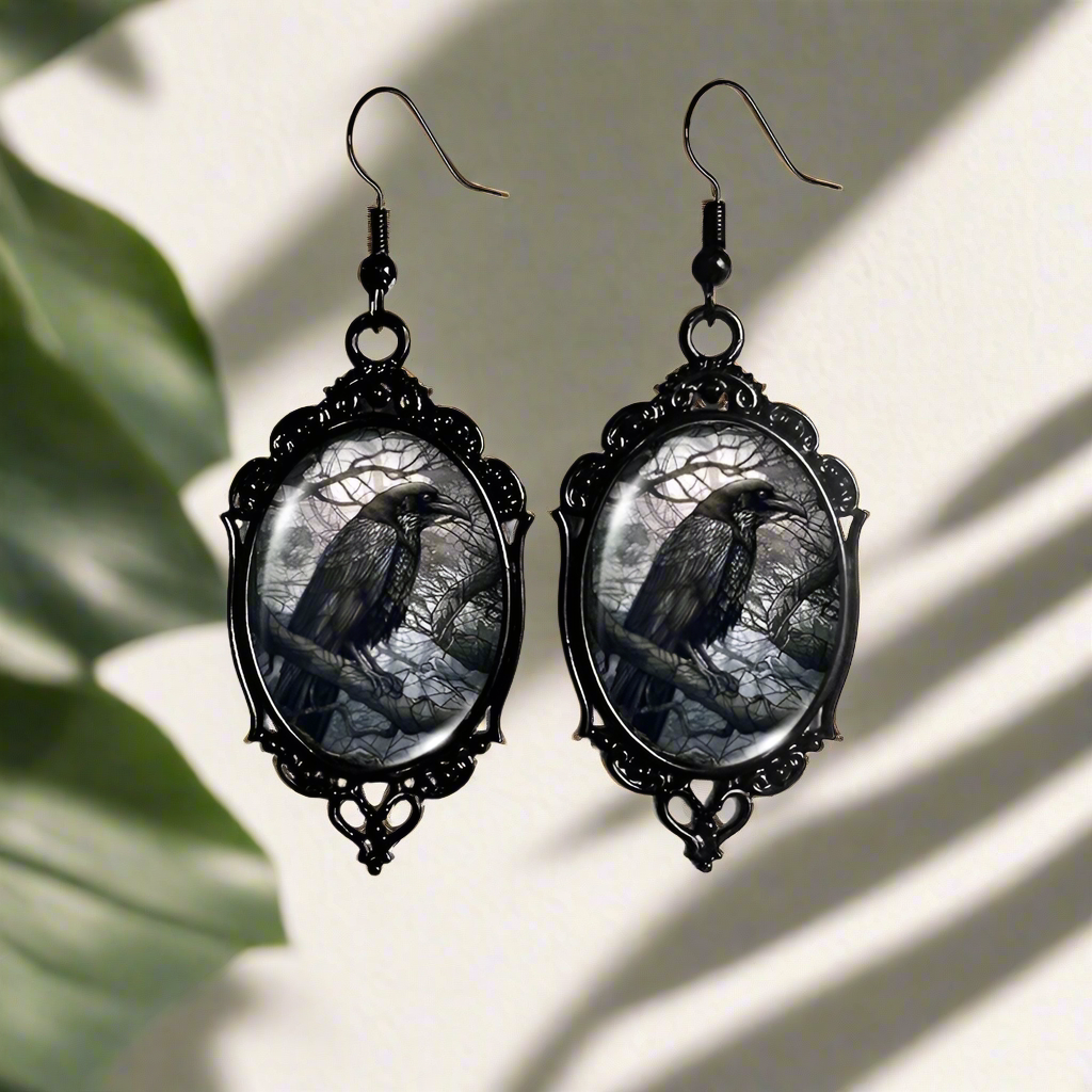 Halloween Black Raven Earrings Gothic Crow Glass Earrings Witch Jewelry-MoonChildWorld