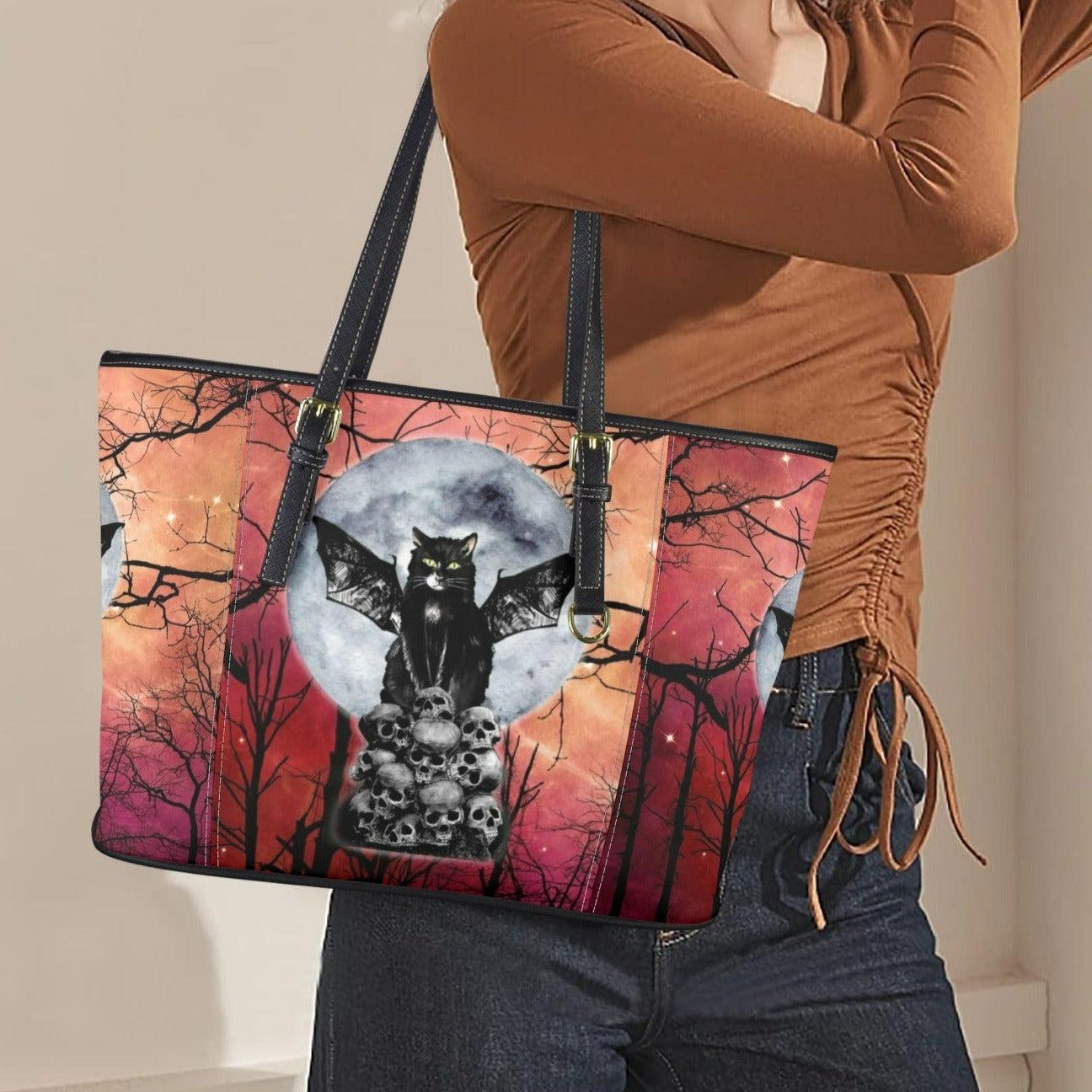 Gothic Skull Black Cat Tote Bag-MoonChildWorld