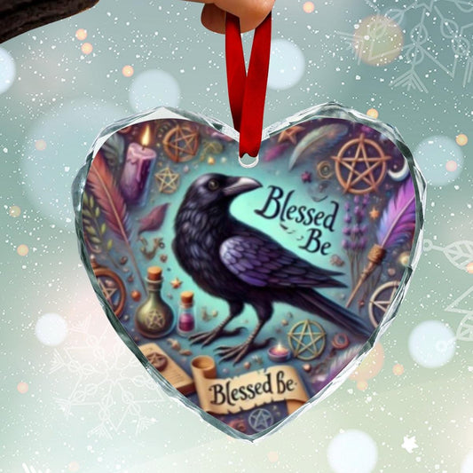 Gothic Raven Witch Crow Christmas Heart-Shaped Crystal Glass Ornament