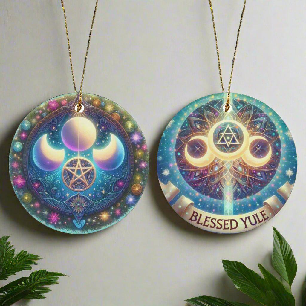 Pentacle Triple Moon Ceramic Christmas Ornament for Yule Tree Decorations-MoonChildWorld