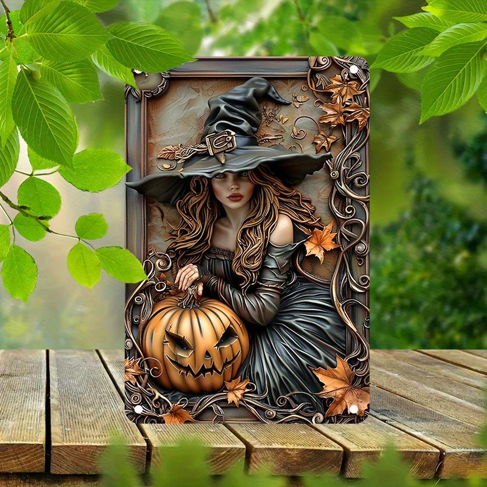 Witch and Pumpkin Halloween Metal Sign Witch Wall Decor-MoonChildWorld