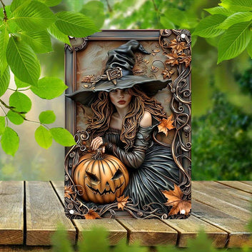 Witch and Pumpkin Halloween Metal Sign Witch Wall Decor