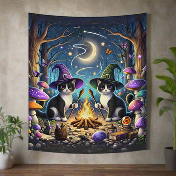 Witchy Cats Tapestry Gothic Wall Hanging for Halloween-MoonChildWorld