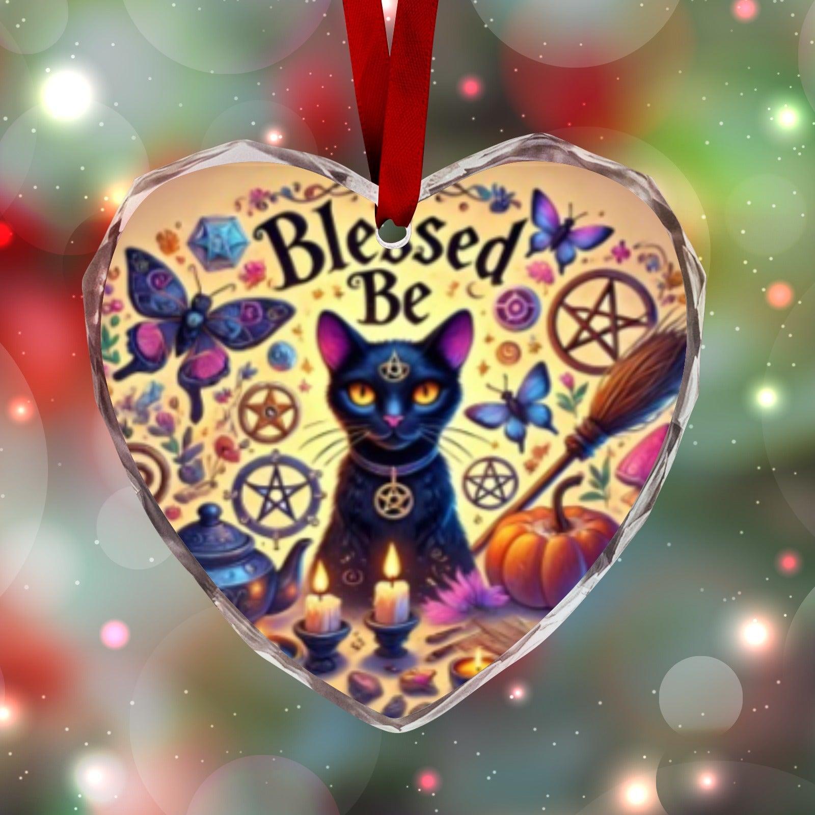 Wicca Black Cat Witchy Christmas Heart-Shaped Crystal Glass Ornament-MoonChildWorld