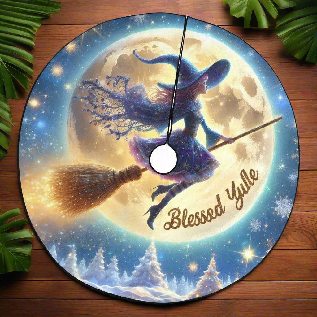 Full Moon and Flying Witch Christmas Tree Skirt for Yule Decor-MoonChildWorld