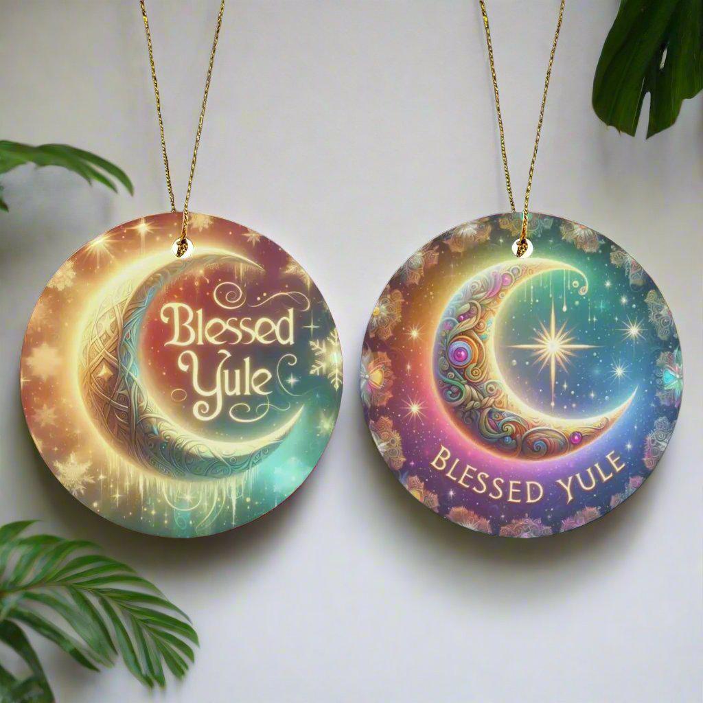 Crescent moon star Ceramic Christmas Ornament for Pagan Yule Decor-MoonChildWorld