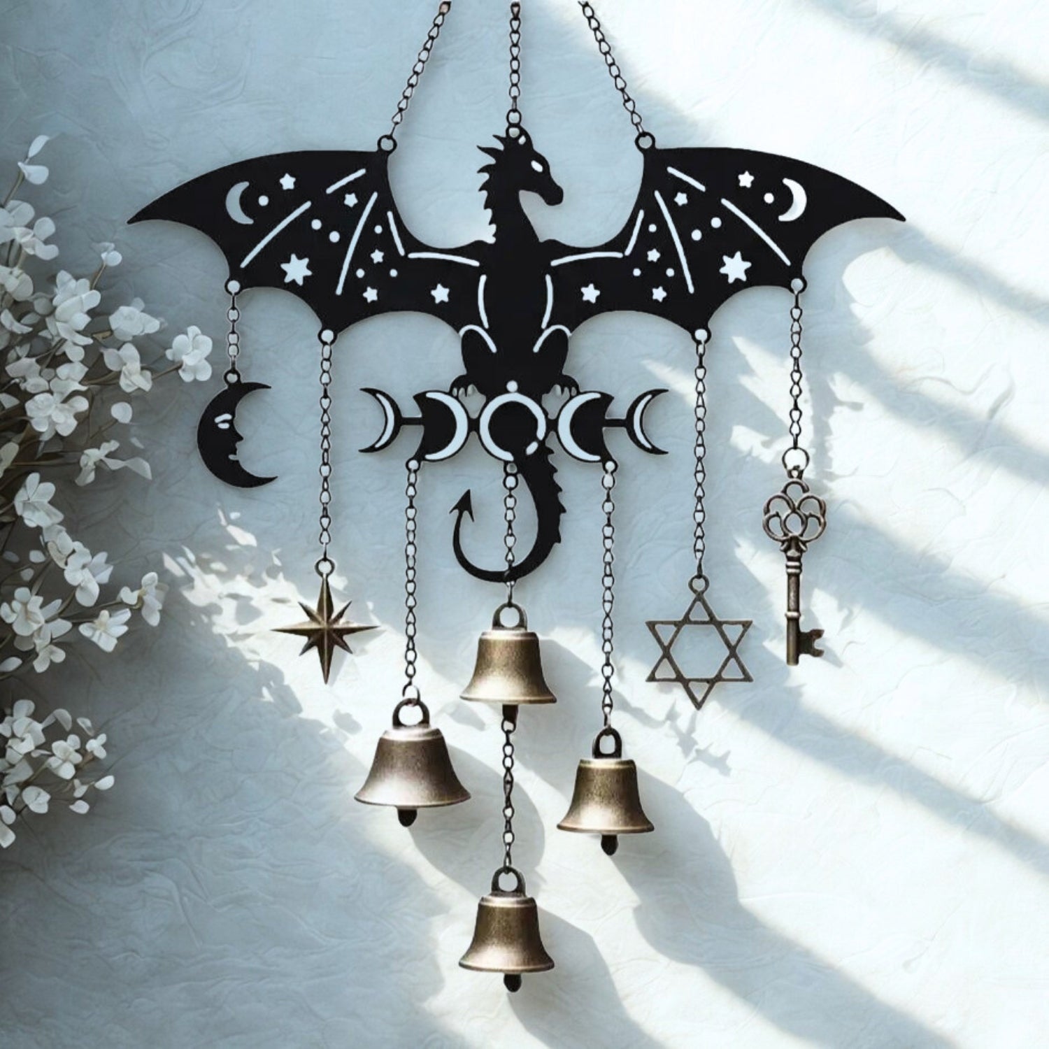 Moon Phases Dragon Butterfly Bat Eagle Metal Wind Chime for Witch Wicca Home Decor-MoonChildWorld