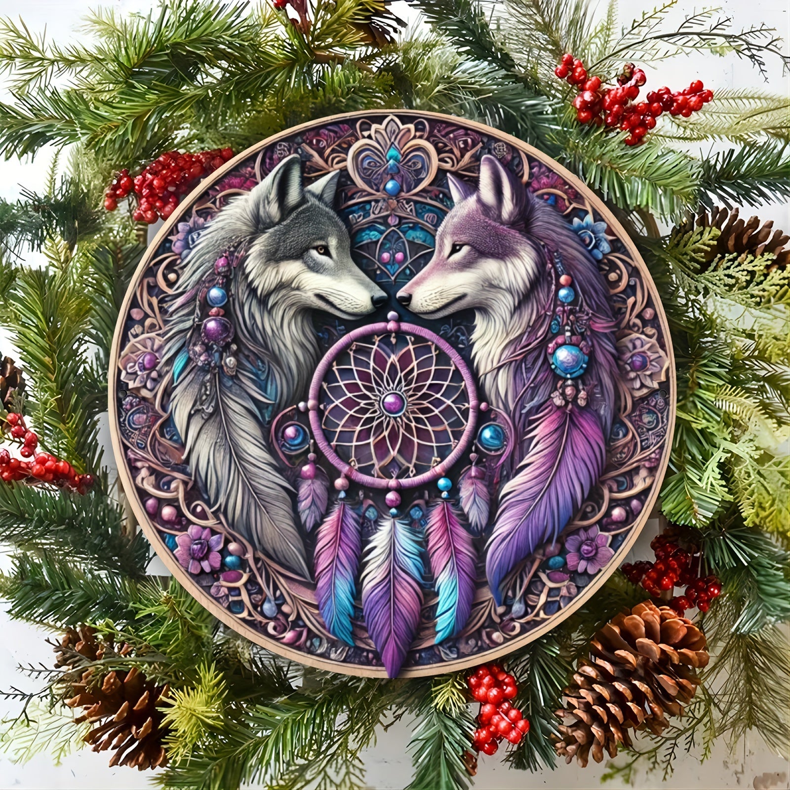 Dreamcatcher Wolves Wall Art Spirit Wolf Metal Sign for Bohemian Decorations-MoonChildWorld